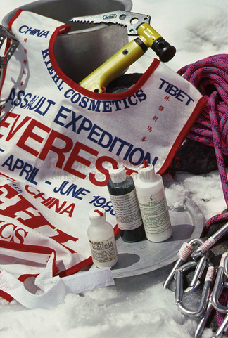 Kiehl's sponsor shot with skin care products and climbing gear